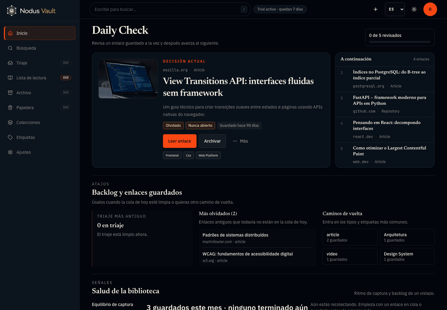 Pantalla de inicio de Nodus Vault con una decisión actual de Daily Check y cuatro enlaces a continuación