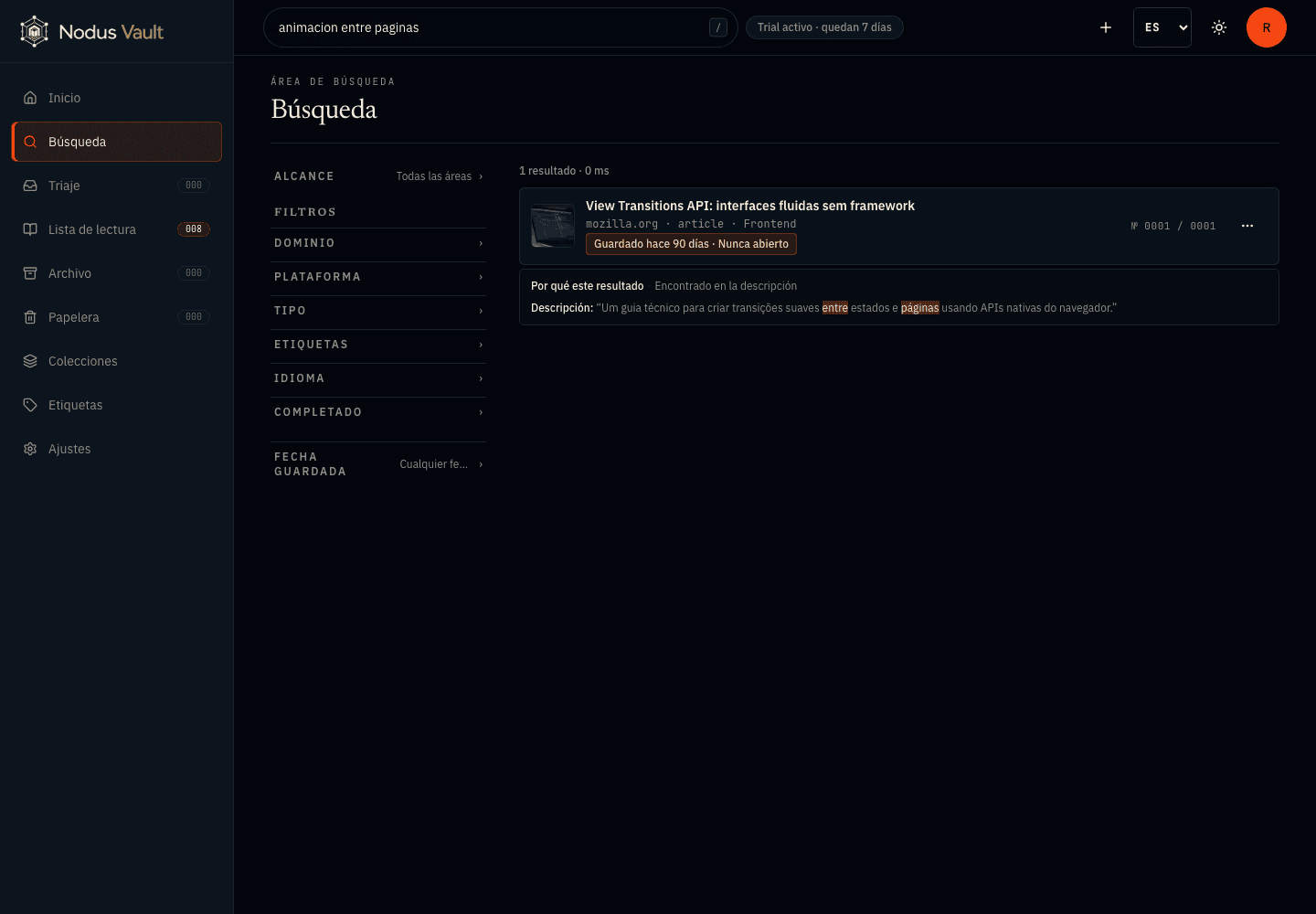 Búsqueda de Nodus Vault sobre animación entre páginas con un artículo guardado y la explicación del resultado