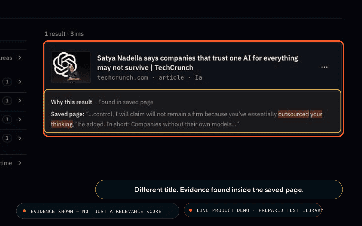 Nodus Vault searches for outsourced your thinking and finds the Satya Nadella article from its saved content