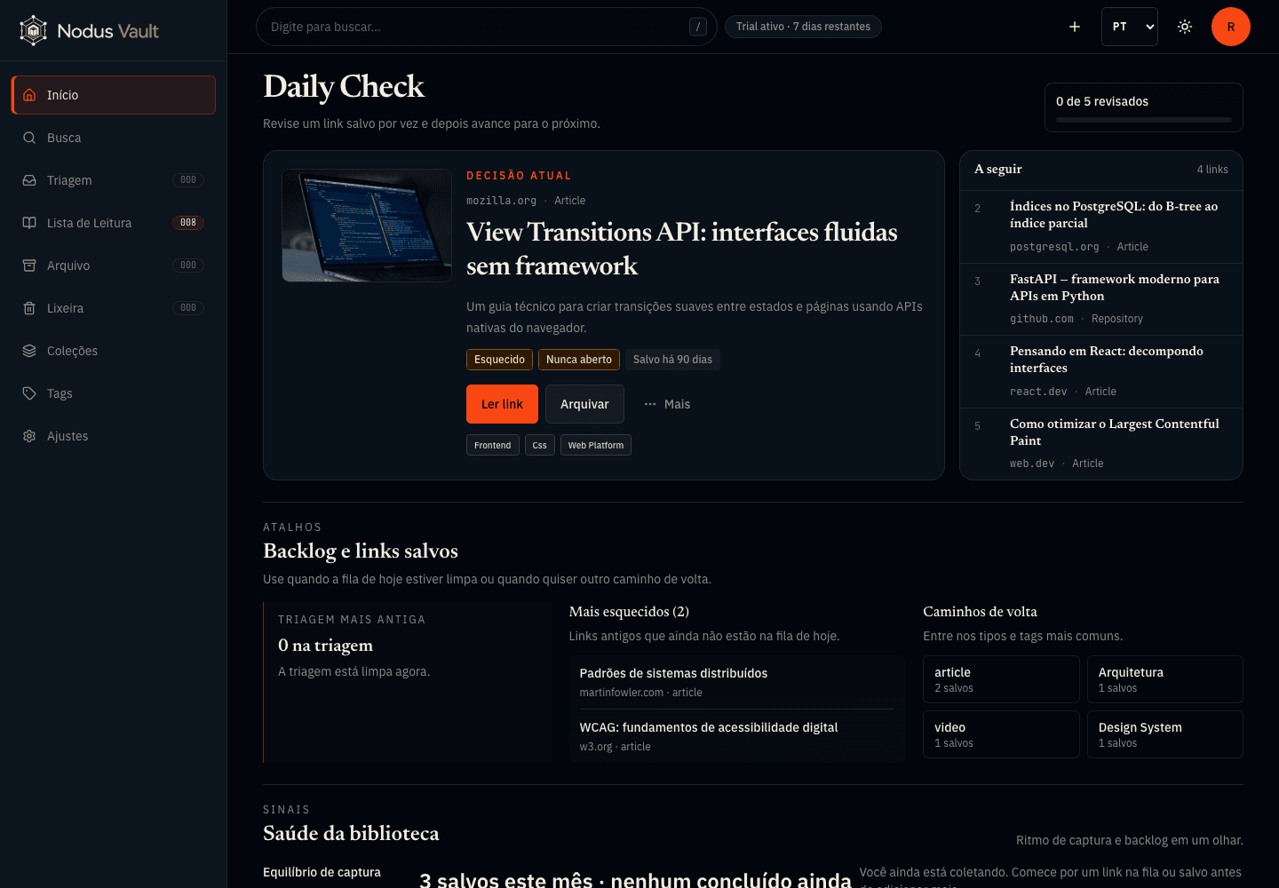 Tela inicial do Nodus Vault com uma decisão atual do Daily Check e quatro links a seguir