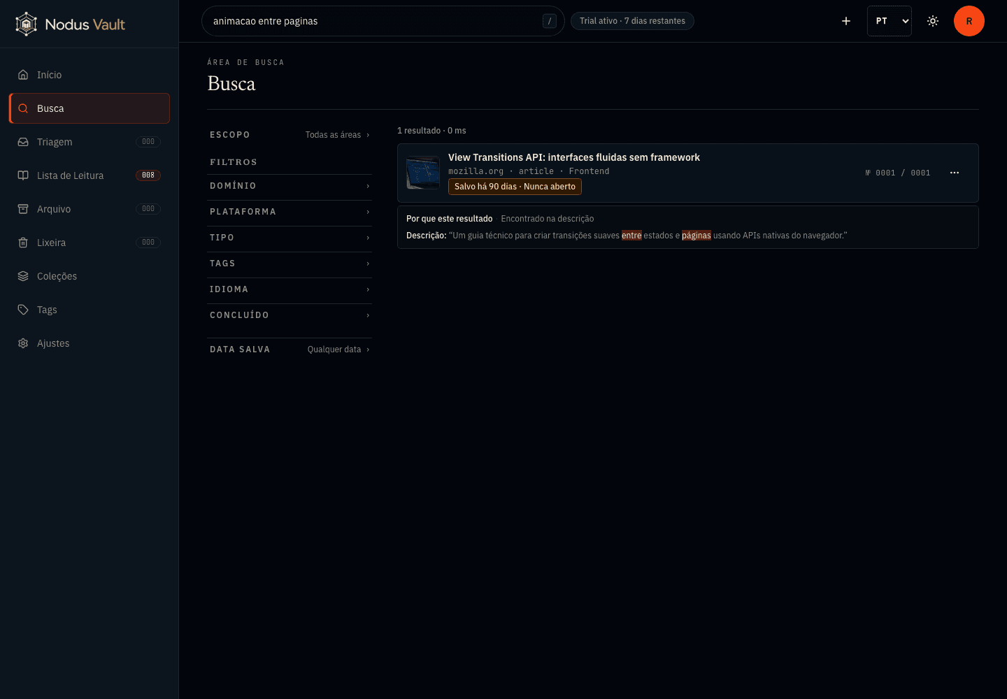 Busca do Nodus Vault por animação entre páginas com um artigo salvo e a explicação do resultado
