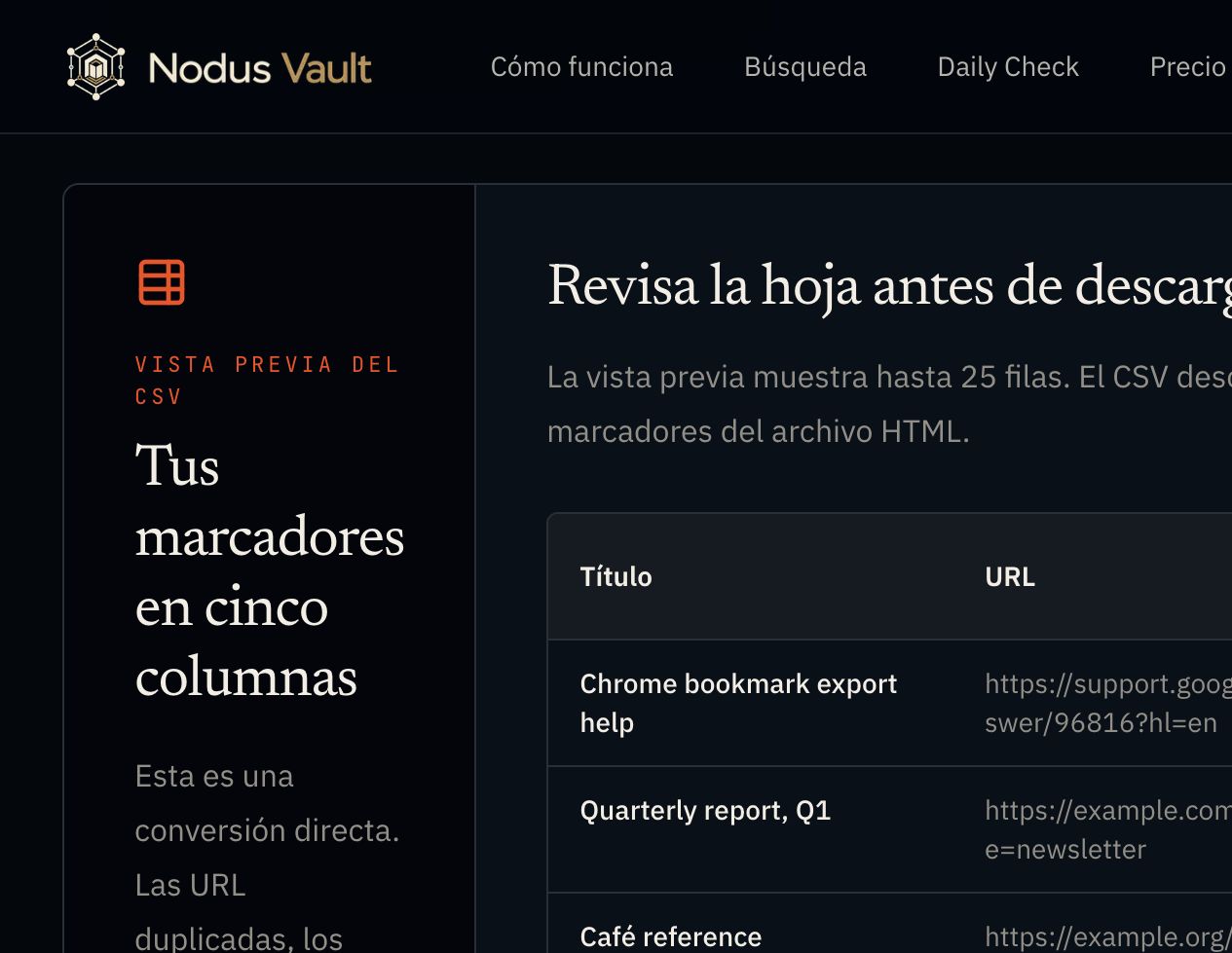 La vista previa en español del conversor con los recuentos y las filas de marcadores antes de descargar el CSV