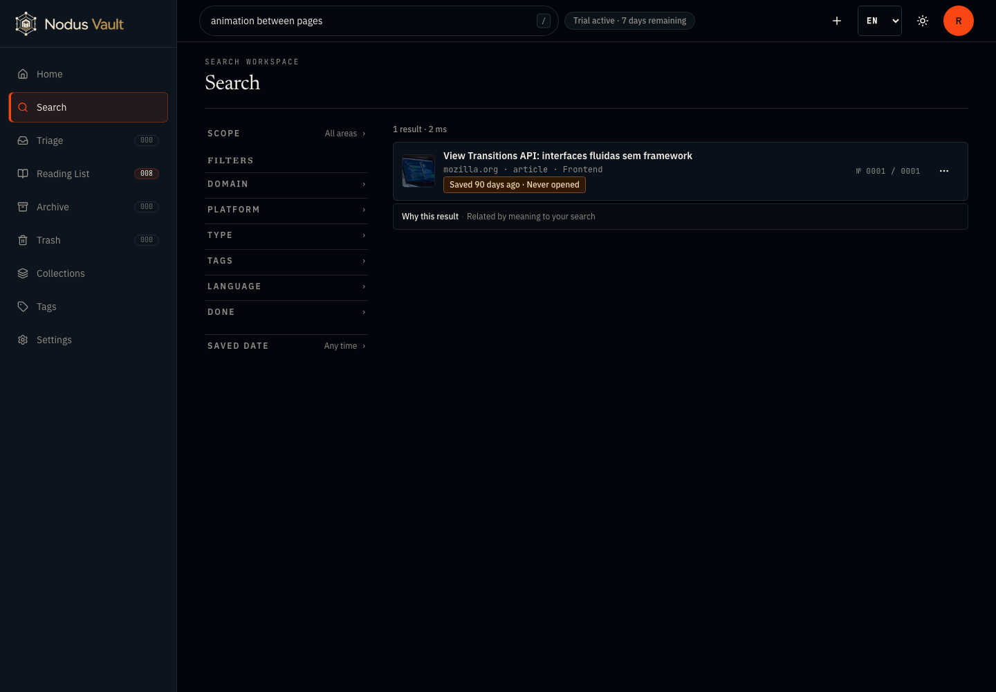 Nodus Vault search for animation between pages showing View Transitions API labeled as related by meaning