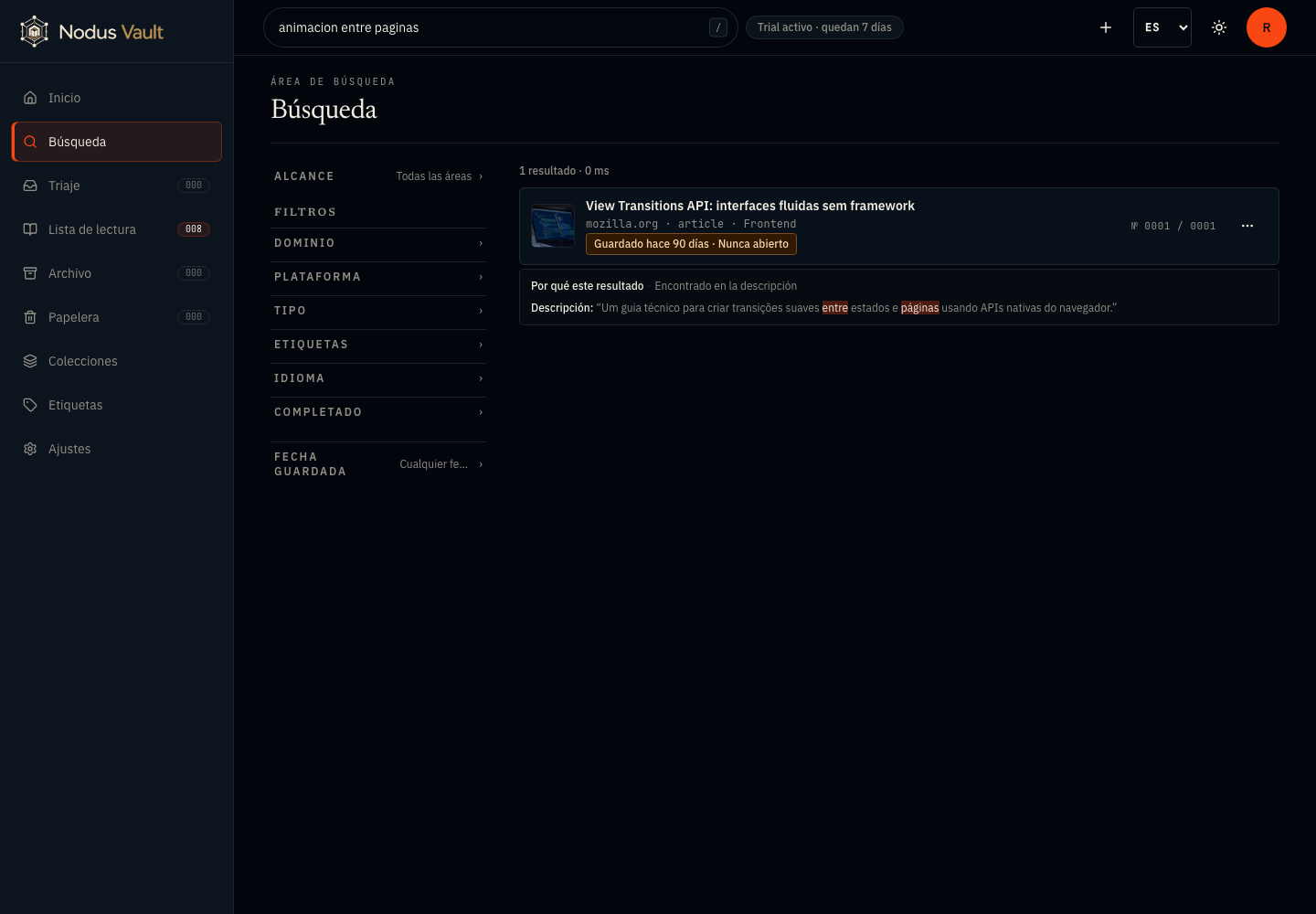 Búsqueda de Nodus Vault sobre animación entre páginas con la página View Transitions API y los términos coincidentes resaltados en la descripción